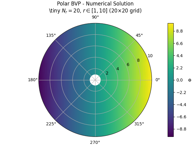 Polar BVP - Numerical Solution \tiny $N_r = 20$, $r \in [1, 10]$ (20×20 grid)